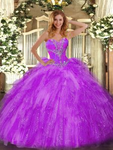 Gorgeous Eggplant Purple Ball Gowns Sweetheart Sleeveless Organza Floor Length Lace Up Beading and Ruffles Vestidos de Quinceanera