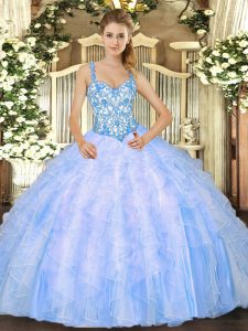 Straps Sleeveless Ball Gown Prom Dress Floor Length Beading and Ruffles Baby Blue Organza
