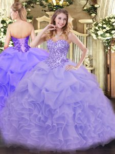 Affordable Organza Sweetheart Sleeveless Lace Up Appliques and Ruffles Sweet 16 Quinceanera Dress in Lavender