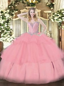 Floor Length Lace Up Quinceanera Gown Baby Pink for Military Ball and Sweet 16 and Quinceanera with Beading and Ruffled Layers