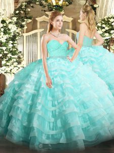 Fashion Tulle Sweetheart Sleeveless Zipper Beading and Lace and Ruffled Layers Ball Gown Prom Dress in Aqua Blue