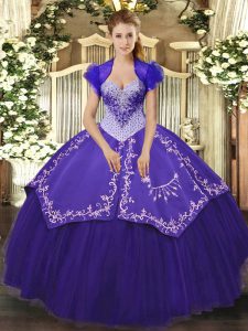 Purple Satin and Tulle Lace Up Sweetheart Sleeveless Floor Length Quinceanera Dress Beading and Embroidery