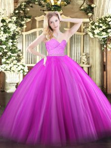 Traditional Sleeveless Floor Length Beading and Lace Zipper Quinceanera Dresses with Fuchsia