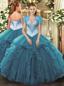 Teal Sleeveless Beading and Ruffles Floor Length Quince Ball Gowns
