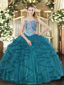 Enchanting Teal Sleeveless Tulle Lace Up Sweet 16 Dresses for Military Ball and Sweet 16 and Quinceanera