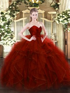 Shining Sleeveless Floor Length Ruffles Zipper Sweet 16 Dress with Wine Red