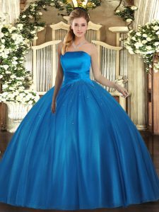 Low Price Ball Gowns Quinceanera Dresses Baby Blue Strapless Tulle Sleeveless Floor Length Lace Up