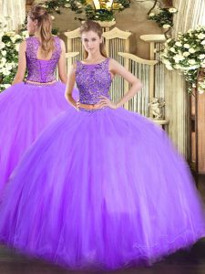 Flirting Lavender Two Pieces Tulle Scoop Sleeveless Beading Floor Length Lace Up Sweet 16 Dresses