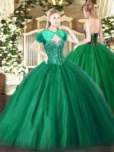 Fashion Sleeveless Tulle Floor Length Lace Up Quinceanera Gown in Dark Green with Beading