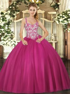 Fabulous Tulle Straps Sleeveless Lace Up Beading and Appliques Quinceanera Dresses in Fuchsia