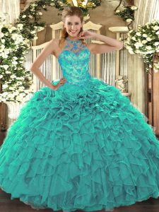 Delicate Turquoise Quinceanera Gown Military Ball and Sweet 16 and Quinceanera with Beading and Embroidery and Ruffles Halter Top Sleeveless Lace Up