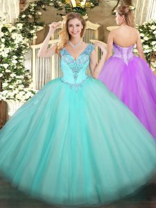 Enchanting Aqua Blue Sleeveless Tulle Lace Up 15th Birthday Dress for Military Ball and Sweet 16 and Quinceanera