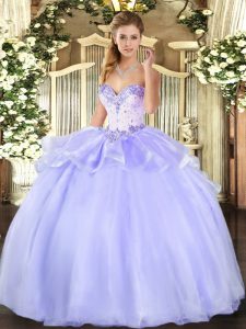 Latest Lavender Ball Gowns Organza Sweetheart Sleeveless Beading Floor Length Lace Up Quinceanera Dress