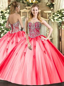 New Style Coral Red Sweetheart Lace Up Beading and Appliques Sweet 16 Dresses Sleeveless