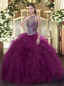 Fuchsia Lace Up Halter Top Beading Sweet 16 Dress Organza Sleeveless