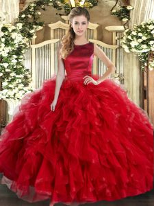 Attractive Scoop Sleeveless Lace Up Sweet 16 Quinceanera Dress Red Tulle
