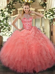 Simple Sleeveless Organza Floor Length Lace Up Sweet 16 Dresses in Watermelon Red with Beading and Embroidery
