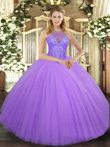 Decent Sleeveless Floor Length Beading Lace Up Quinceanera Gowns with Lavender