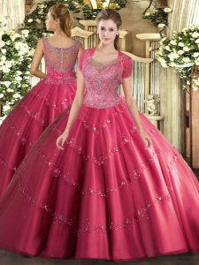 Adorable Hot Pink Scoop Neckline Beading and Appliques Quinceanera Gown Sleeveless Clasp Handle