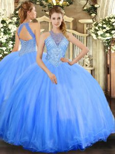 Trendy Blue Lace Up Sweet 16 Dresses Beading Sleeveless Floor Length