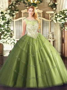 High End Scoop Cap Sleeves Zipper Quinceanera Dress Olive Green Tulle
