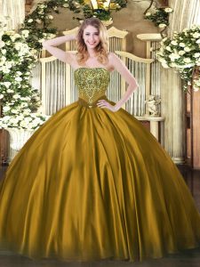 Eye-catching Brown Satin Lace Up Quince Ball Gowns Sleeveless Floor Length Beading