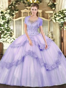 Best Lavender Tulle Clasp Handle Ball Gown Prom Dress Sleeveless Floor Length Beading and Appliques