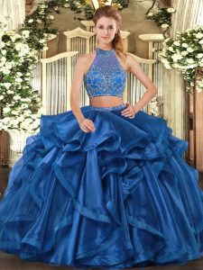 Halter Top Sleeveless Criss Cross Ball Gown Prom Dress Blue Organza