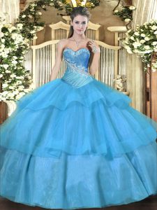 High Class Aqua Blue Sweetheart Neckline Beading and Ruffled Layers Ball Gown Prom Dress Sleeveless Lace Up