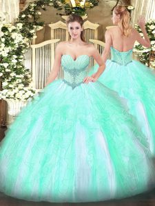 Custom Design Beading and Ruffles 15th Birthday Dress Apple Green Lace Up Sleeveless Floor Length
