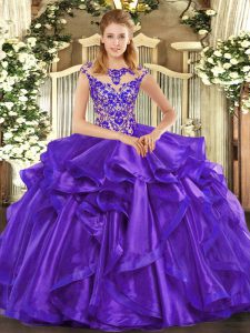 Romantic Ball Gowns Vestidos de Quinceanera Purple Scoop Organza Cap Sleeves Floor Length Lace Up