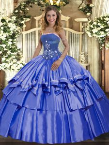 Floor Length Lace Up Sweet 16 Dresses Blue for Military Ball and Sweet 16 and Quinceanera with Beading and Ruffled Layers