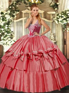 Coral Red Ball Gowns Organza and Taffeta Straps Sleeveless Beading and Ruffled Layers Floor Length Lace Up Quinceanera Dresses