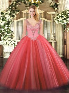 Delicate Coral Red Lace Up V-neck Beading Sweet 16 Quinceanera Dress Tulle Sleeveless