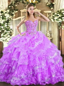 Lilac Lace Up 15th Birthday Dress Embroidery and Ruffled Layers Sleeveless Floor Length