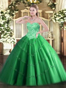 Green Sleeveless Floor Length Appliques Lace Up Sweet 16 Dresses