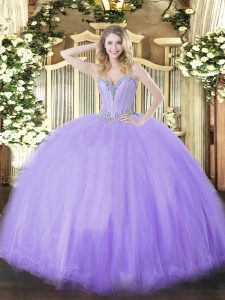 Perfect Lavender Ball Gowns Tulle Sweetheart Sleeveless Beading Floor Length Lace Up Quinceanera Gowns