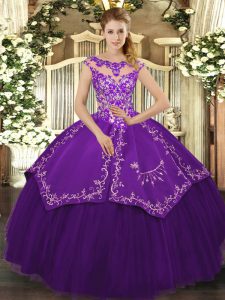 Scoop Cap Sleeves Lace Up Quinceanera Gown Purple Satin and Tulle