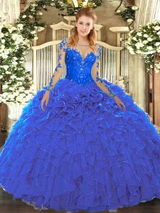 Top Selling Blue Long Sleeves Floor Length Lace and Ruffles Lace Up Quinceanera Dress