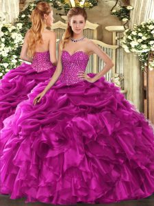 Fuchsia Sweetheart Neckline Beading and Ruffles and Pick Ups Quinceanera Dresses Sleeveless Lace Up
