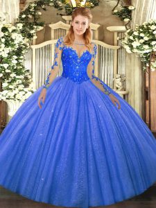 Blue Long Sleeves Tulle Lace Up Quinceanera Dress for Military Ball and Sweet 16 and Quinceanera
