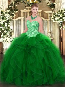 Perfect Organza Sweetheart Sleeveless Lace Up Appliques and Ruffles Quinceanera Gown in Green
