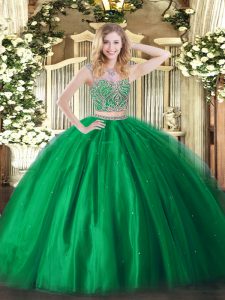 Floor Length Two Pieces Sleeveless Green Quince Ball Gowns Lace Up