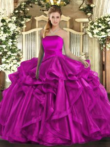 Glorious Fuchsia Sleeveless Floor Length Ruffles Lace Up 15 Quinceanera Dress