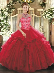 Admirable Coral Red Ball Gowns Halter Top Sleeveless Organza Floor Length Lace Up Beading and Embroidery and Ruffles Quinceanera Gowns