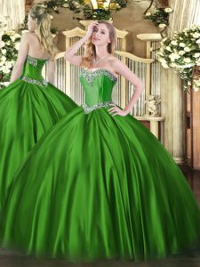 Customized Floor Length Green Quinceanera Dresses Satin Sleeveless Beading