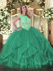Designer Turquoise Lace Up Quinceanera Gown Beading and Ruffles Sleeveless Floor Length