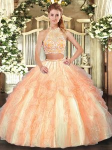 Dynamic Gold Criss Cross Halter Top Beading and Ruffled Layers 15th Birthday Dress Tulle Sleeveless