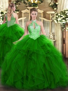 Custom Made Green Sleeveless Floor Length Ruffles and Sequins Lace Up 15th Birthday Dress
