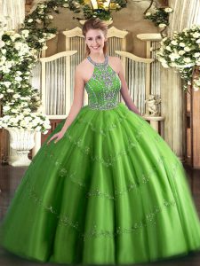 Tulle Lace Up Sweet 16 Quinceanera Dress Sleeveless Floor Length Beading and Appliques